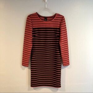 H&M Coral and Black Striped Long Sleeve Dress